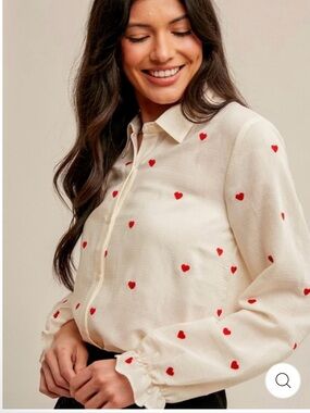 Hem & Thread Heart Print Button Front Blouse NWT Romantic Valentine Top